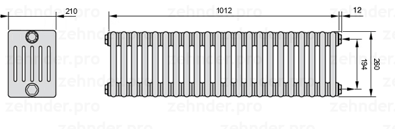 Схема (чертеж) Радиатор Zehnder Charleston 6026/22 №7610 Белый глянцевый RAL 9016